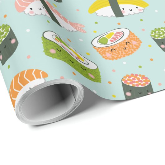 Niedlich Kawaii Sushi auf hellblau Geschenkpapier (Rolleneckpunkt)