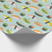 Niedlich Kawaii Sushi auf hellblau Geschenkpapier (Ecke)