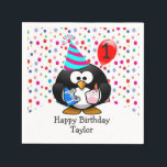 Niedlich Kid 1. Happy Birthday Pinguin Serviette<br><div class="desc">Dieses niedliche, lustige, einzigartige Design hat einen Cartoon-Pinguin, der ein Geburtstagsgeschenk und einen Geburtstagskuchen trägt und einen niedliche Geburtstag-Hut mit einem farbenfrohen Polka-Dot-Hintergrund auf der Vorderseite trägt, mit den Worten "Happy Birthday Taylor". Sie können diesen Eintrag anpassen, indem Sie den Text in der Vorderseite nach Ihren Wünschen ändern. Was für...</div>