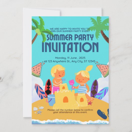 Niedlich Kids Beach Sommer Party Einladung | Fun S (Vorderseite)