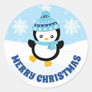Niedlich Kids Blue Hat Penguin Frohe Weihnachten Runder Aufkleber