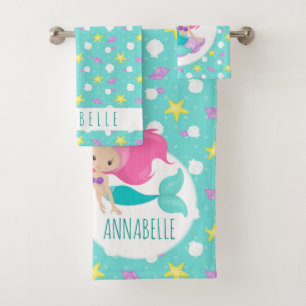 Niedlich Kids Blue Pink Mermaid Princess Sea Musch Badhandtuch Set