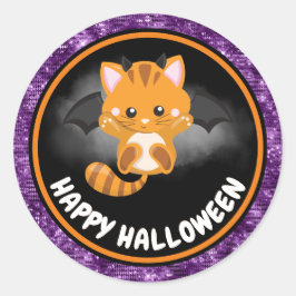 Niedlich Kids Cat & Lila Glitzer Happy Halloween Runder Aufkleber