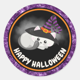 Niedlich Kids Cat & Lila Glitzer Happy Halloween Runder Aufkleber