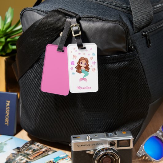 Niedlich Kids Dark Hair Mermaid Name Gepäckanhänger (Vorderseite & Rückseite)