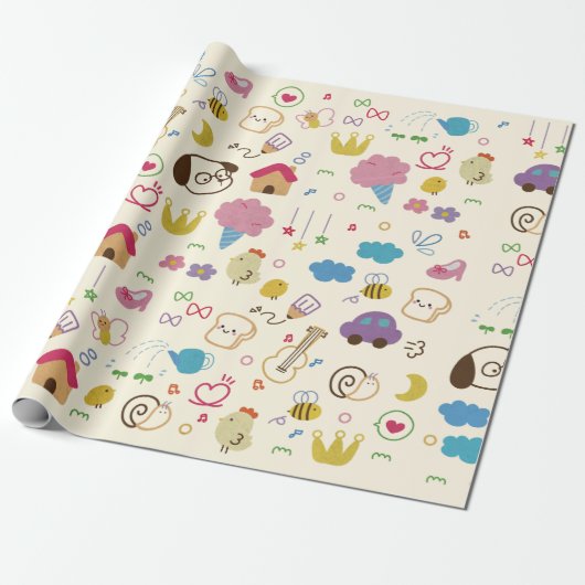 Niedlich Kids Doodle Muster Geschenkpapier (Ungerollt)