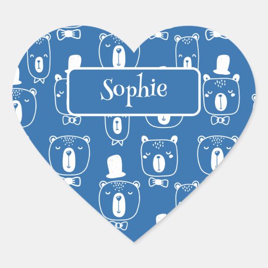 Niedlich Kids Gentleman Bear in Hat Blue Herz-Aufkleber (Vorderseite)
