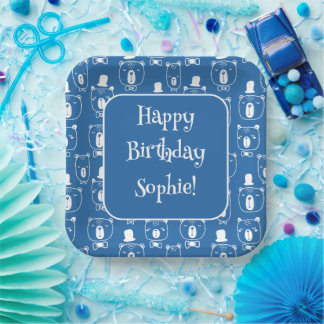 Niedlich Kids Gentleman Bear in Hat Blue Pappteller