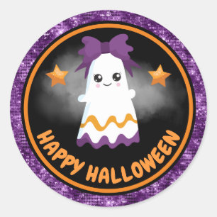 Niedlich Kids Girl Ghost & Lila Glitzer Halloween Runder Aufkleber