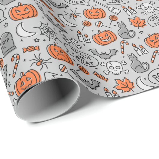 Niedlich Kids Halloween Doodle-Muster Geschenkpapier (Rolleneckpunkt)