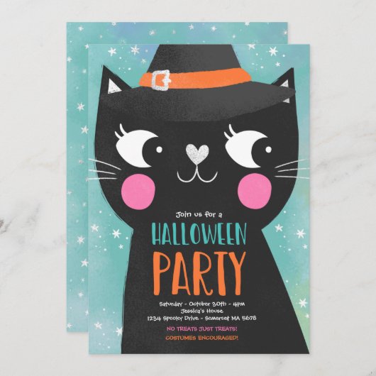 Niedlich Kids Halloween-Party Hexen Katze Spooky Einladung (Vorne/Hinten)