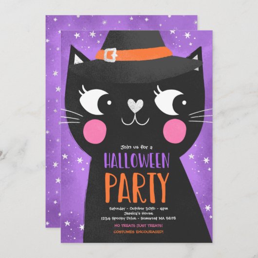 Niedlich Kids Halloween-Party Hexen Katze Spooky Einladung (Vorne/Hinten)