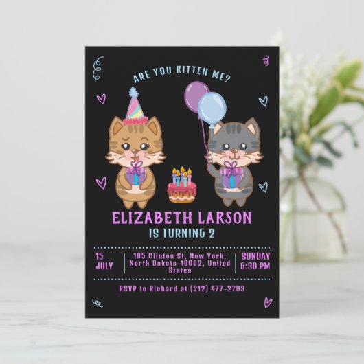 Niedlich Kids Kitty Girl Funny Cat Kitten Geburtst Einladung (Stehend Vorderseite)