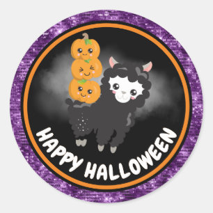 Niedlich Kids Llama & Lila Glitzer Happy Halloween Runder Aufkleber