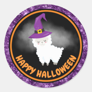 Niedlich Kids Llama & Lila Glitzer Happy Halloween Runder Aufkleber