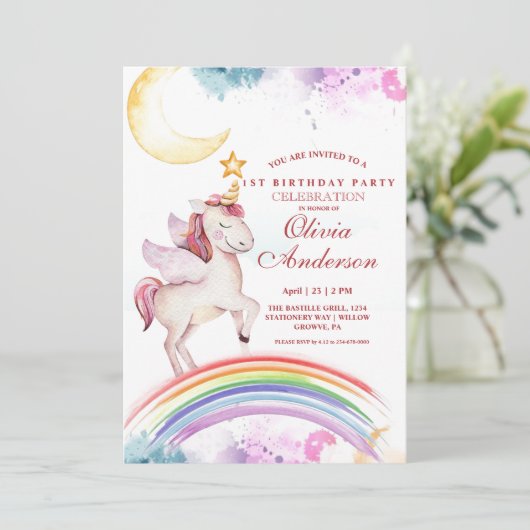 Niedlich Kids Rainbow Unicorn Girly Birthday Party Einladung (Stehend Vorderseite)