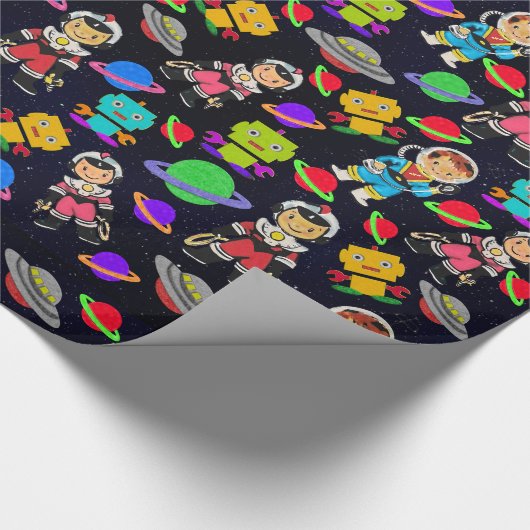 Niedlich Kids Retro Astronauten, Roboter und Plane Geschenkpapier (Ecke)