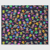 Niedlich Kids Retro Astronauten, Roboter und Plane Geschenkpapier (Flach)