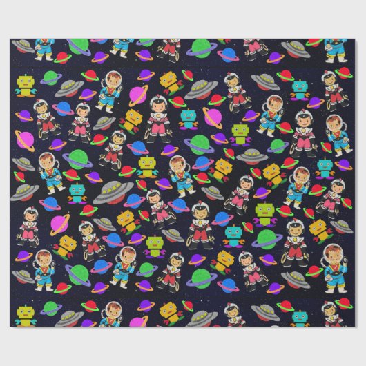 Niedlich Kids Retro Astronauten, Roboter und Plane Geschenkpapier (Flach)