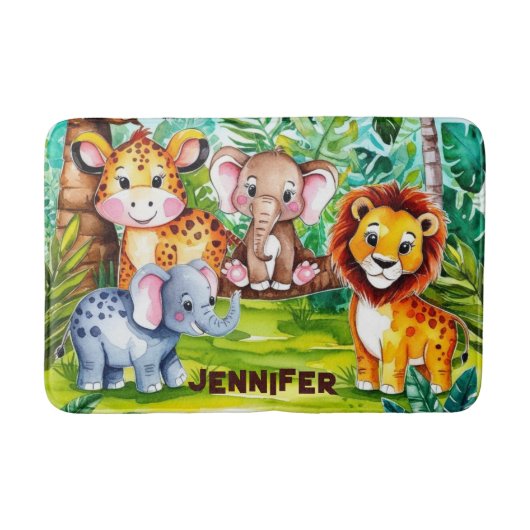 Niedlich Kids Safari Jungle Tiere Personalisierter Badematte (Vorderseite)