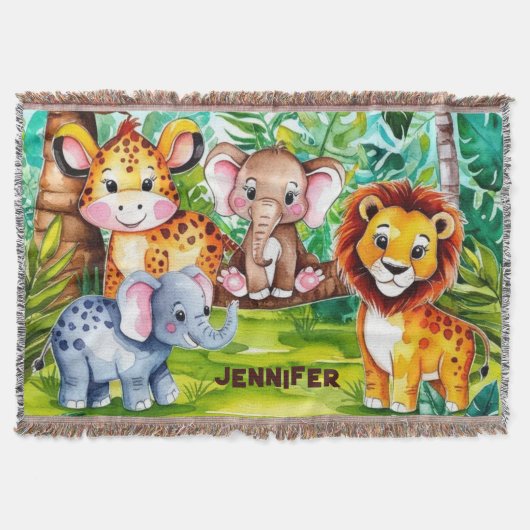 Niedlich Kids Safari Jungle Tiere Personalisierter Decke (Vorderseite)