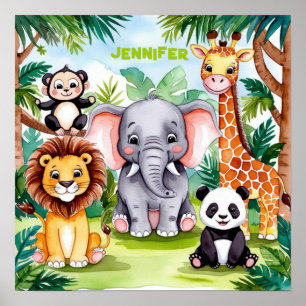 Niedlich Kids Safari Jungle Tiere Personalisierter Poster