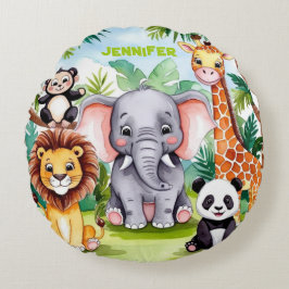 Niedlich Kids Safari Jungle Tiere Personalisierter Rundes Kissen