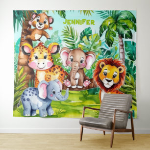Niedlich Kids Safari Jungle Tiere Personalisierter Wandteppich