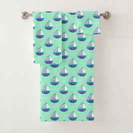 Niedlich Kids Sailboat Pattern Meeresgrün Badhandtuch Set
