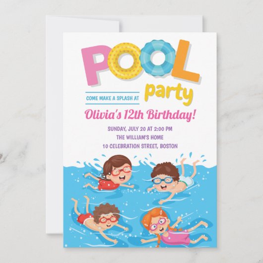Niedlich Kids Summer Pool Party Geburtstag Einladung (Vorderseite)