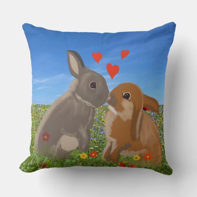 Niedlich Kissing Bunnies Valentines Kissen (Vorderseite)