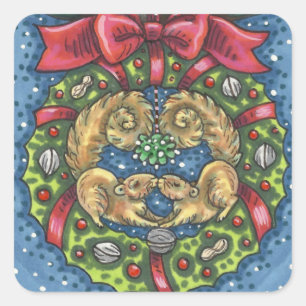 NIEDLICH KISSING SQUIRRELS UNTER MISTLETOE, ABER S QUADRATISCHER AUFKLEBER