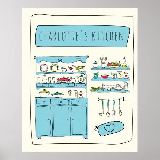 Niedlich Kitchen Illustration Blau Personalisierte Poster (Vorne)