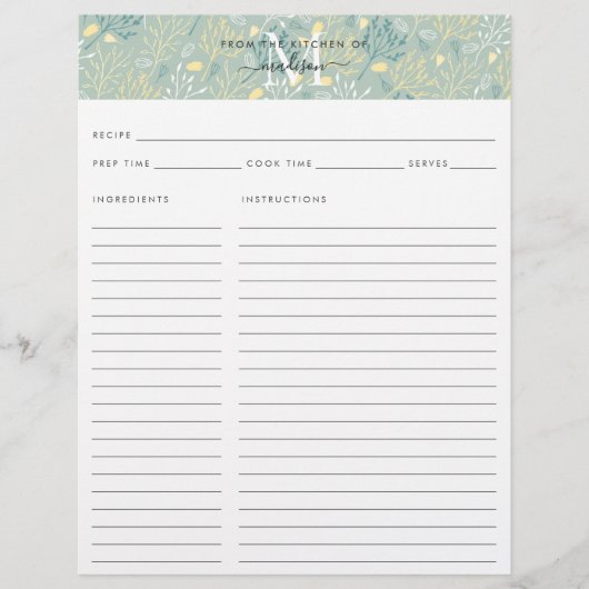 Niedlich Kitchen Monogram Aquamarin Floral Botanis (Vorderseite)