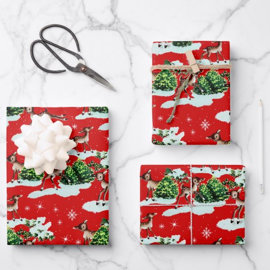 Niedlich Kitschy Retro Christmas Reindeer Geschenkpapier Set (Vorderseite)