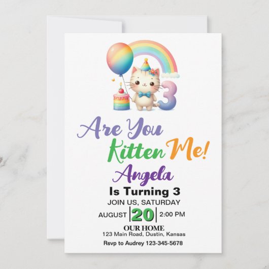 Niedlich Kitten 3. Geburtstag Party Einladung (Vorderseite)
