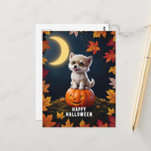 Niedlich Kitten auf einem Kürbis mit Herbstlauben Postkarte