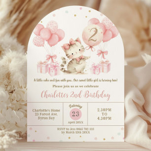 Niedlich Kitten Cat Pink Ballon 1. 2. Geburtstagsa Einladung