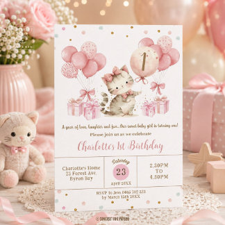 Niedlich Kitten Cat Pink Balloons 1. 3. Geburtstag Einladung