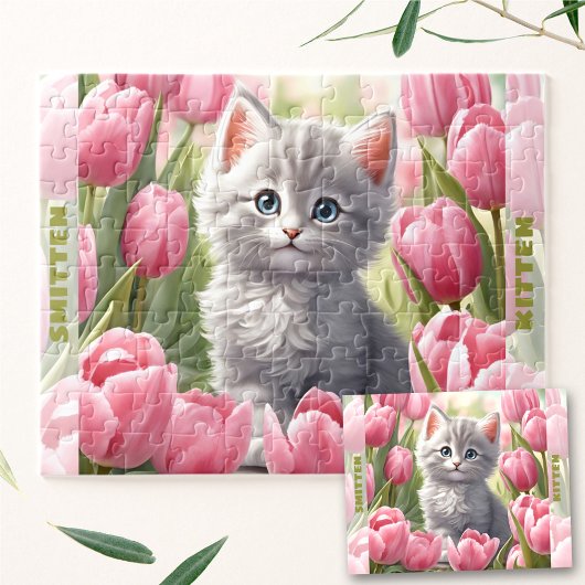 Niedlich Kitten Cat Spring Tulip Floral Individuel Puzzle