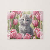 Niedlich Kitten Cat Spring Tulip Floral Individuel Puzzle (Horizontal)