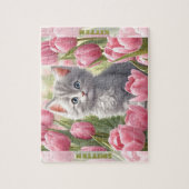 Niedlich Kitten Cat Spring Tulip Floral Individuel Puzzle (Vertikal)