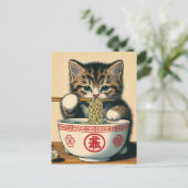 Niedlich Kitten Eating Ramen Woodblock Print Postkarte (Stehend Vorderseite)