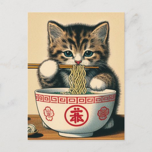 Niedlich Kitten Eating Ramen Woodblock Print Postkarte (Vorderseite)