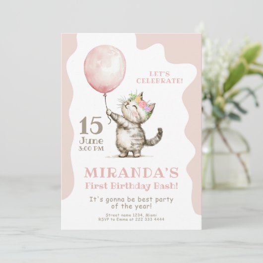 Niedlich Kitten Erster Geburtstag Bash. Einladung (Stehend Vorderseite)