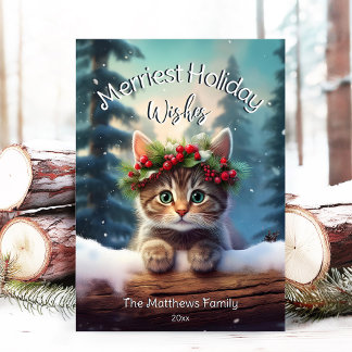 Niedlich Kitten Frostes Weihnachtsschneewald Feiertagskarte