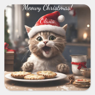 Niedlich Kitten Funny Santa Cat Weihnachten Quadratischer Aufkleber