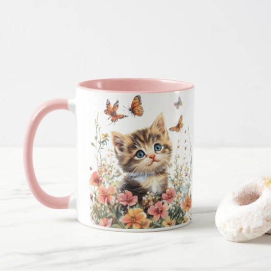 Niedlich Kitten in Blume - Adorable Cat Tasse (Mit Donut)