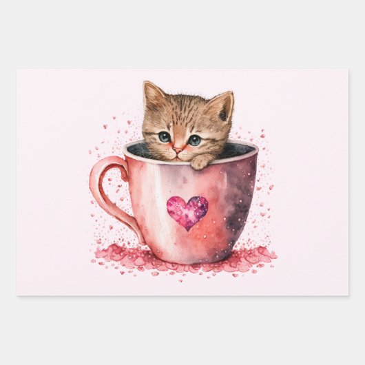 Niedlich Kitten in einem Teacup mit Herz Geschenkpapier Set (Vorderseite 3)