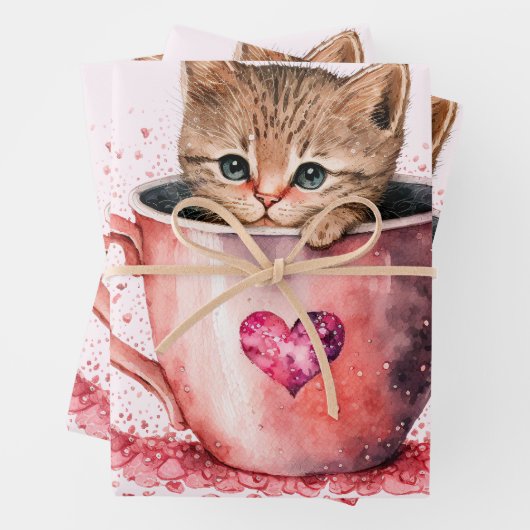Niedlich Kitten in einem Teacup mit Herz Geschenkpapier Set (Beispiel)